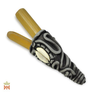 A bamboo cheap kuripe with an intricate black design, featuring a central cowrie shell and swirling patterns.